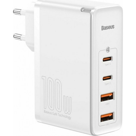 Baseus Travel Charger GaN2 Pro 2xType-C/2xUSB 100W + Cable Type-C 100W White