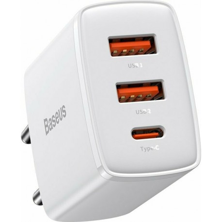 Baseus Compact Quick Charger Type-C/2xUSB 30W White