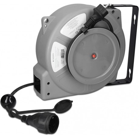 Navaris Wall Mountable Self Retracting Cable Reel - 1 x  Schuko - 13m+2m - IP44 - Grey