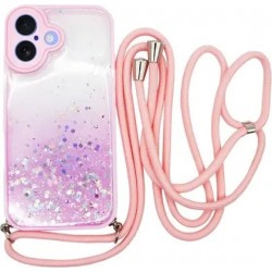Vivid Bling Glitter with Stars Case and lanyard Apple iPhone 16 Pink