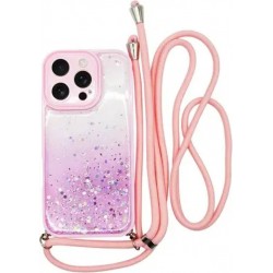Vivid Bling Glitter with Stars Case and lanyard Apple iPhone 16 Pro Pink