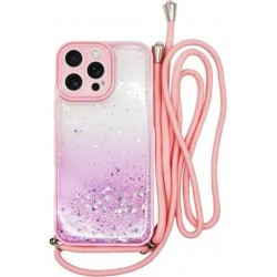 Vivid Bling Glitter with Stars Case and lanyard Apple iPhone 16 Pro Max Pink