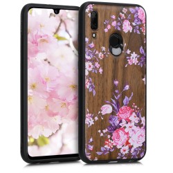 KW Wooden Case TPU bumper Huawei P Smart 2019 - Wood flowers Light Pink / Violet / Brown (48117.11)