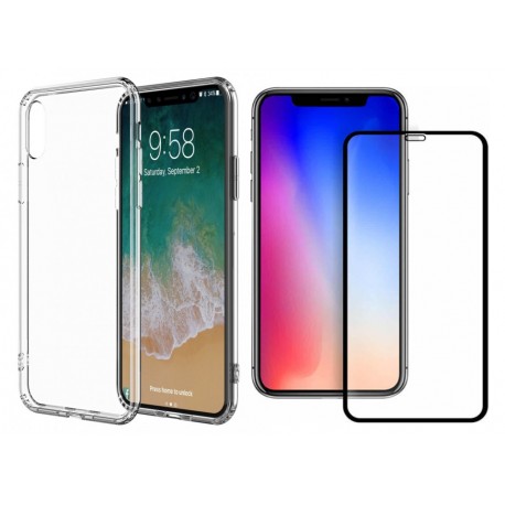 OEM Set TPU Back cover Transparent & Full Face Tempered Glass Black iPhone X/Xs